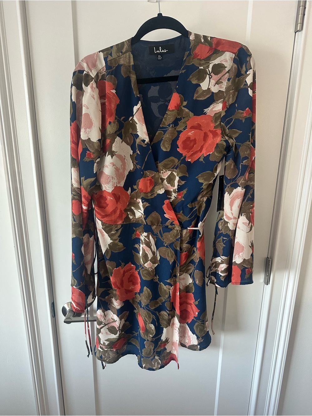 Lulu's Navy Floral Wrap Dress with Red & Cream Roses